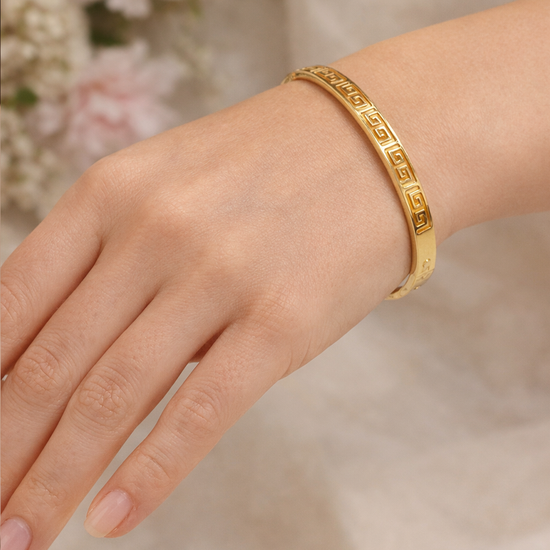 Greek Key Design Gold-Tone Bangle Bracelet 