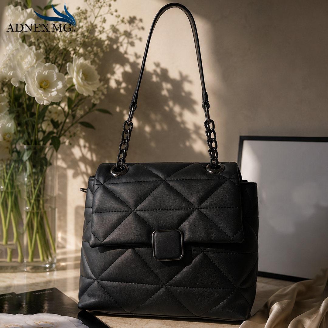 black Quilted Chain Strap Shoulder Bag for Women