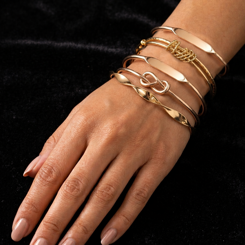 Elegant Gold-Plated Bar & Knot Bangle Set – Pack of 5